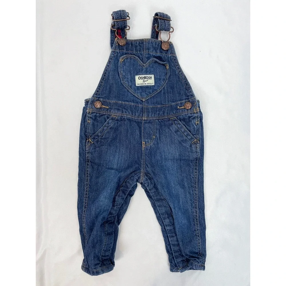 Osh Kosh B'Gosh Baby Girl 6 Months Denim Jean Overalls Pants Fleece Lining Heart